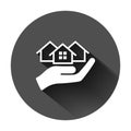Home care icon in flat style. Hand hold house vector illustration on black round background with long shadow. Building quality