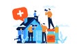 Home care medical clinic with mini people flat illustration