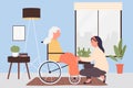 Home care services for elder people, help of young caregiver to old patient in wheelchair