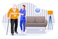 Home care services for seniors. Nurse or volunteer worker taking care of elderly man. Vector characters illustration