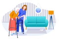 Home care services for seniors. Nurse or volunteer worker taking care of elderly woman. Vector characters illustration