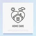 Home care symbol: house in heart thin line icon. Symbol of safety, protection, insurance. Modern vector illustration