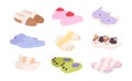 Home cartoon slippers for kids and adults. Fluffy slipper, winter footwear for house. Warm comfortable bedroom footwears