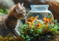 Home cat and gold fish. A kitten looking at goldfish in a fish bowl against a white background Royalty Free Stock Photo