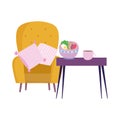 Home chair cushions table with food and coffee cup