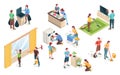 Home cleaning, laundry washing, isometric people