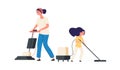 Home cleaning. Mother and daughter with vacuums. Housework, time together with parents. Housewife and baby girl vector Royalty Free Stock Photo