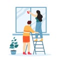 Home cleaning, people do housework. Woman standing on ladder and mopping glass. Daily routine, household chores