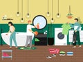 Home cleaning scene, flat vector illustration. People cleaning bathroom, washing clothes. Housekeeping, laundry services