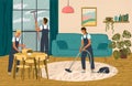 Home cleaning service, business concept vector illustration. Cleaning crew team clean living room. Janitorial service
