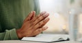 Home, closeup and person with hands, praying and bible with faith, guidance and religion. Zoom, man and guy with holy Royalty Free Stock Photo