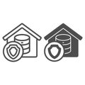 Home cloud storage line and solid icon, data protection concept. Vector graphics. Safety emblem with house, disks array