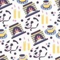 Home comfort, cat and fireplace flame seamless pattern