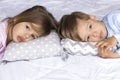 home, comfort, childhood, insomnia, sleeplessness, sweet dream - two sad tired toddler sibling kids children twins in