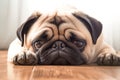 Home comfort Cute pug dog lounging on a wooden floor