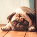 Home comfort Cute pug dog lounging on a wooden floor