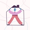 Home concept. Happy male mascot standing in frame of house