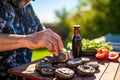 home cook brushing portobello mushrooms with marinade on a sunny day