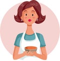 Happy Woman Holding a Homemade Bowl of Soup Vector Illustration