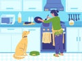 Home cook. Woman cooking breakfast or dinner for family. Female in kitchen with dog, cuisine furniture and electronics