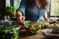 Home cook woman hands cooking salad lunch dressing preparing tasty fresh delicious mouthwatering gourmet dish food plate