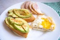 Home cooking breakfast with avocado toast, fried egg and ham on white plate Royalty Free Stock Photo