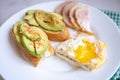 Home cooking breakfast with avocado toast, fried egg and ham on white plate Royalty Free Stock Photo