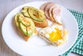 Home cooking breakfast with avocado toast, fried egg and ham on white plate Royalty Free Stock Photo