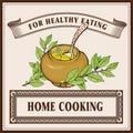 Home cooking logo banner template. Porridge in ceramic pot
