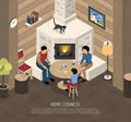 Home cosiness composition with family during playing cards near fire place isometric vector illustration Royalty Free Stock Photo