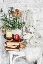 Home cozy still life - an old vintage chair, stack of books, knitted plaid, candle, apple fruit, teddy bear. Hobby, leisure, Royalty Free Stock Photo