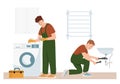 Home craftsmen and repairmen. Renovation workers professional plumber and engineer at work, they are checking the