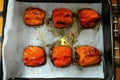 Kitchen technology. Baked paprika on the baking sheet