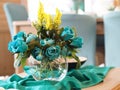 Home decor, blue flowers in the vase on the table Royalty Free Stock Photo