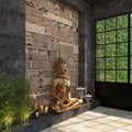 Home decor with a gold statue of Buddha against a black wall with an ethnic pattern of stones. The composition of a set of decorat Royalty Free Stock Photo