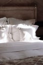 Home decor and interior design, bed with white bedding in luxury bedroom, bed linen laundry service and furniture detail