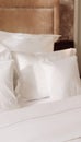 Home decor and interior design, bed with white bedding in luxury bedroom, bed linen laundry service and furniture detail