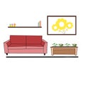 Home decor, sofa, flower pot, picture frame and bookshelf