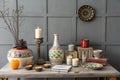 Home decor on table with grey wall background Royalty Free Stock Photo