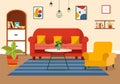 Home Decor Vector Illustration with Living Room Interior and Furniture such as Comfortable Sofa, Window, Chair, House Plants Royalty Free Stock Photo