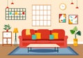 Home Decor Vector Illustration with Living Room Interior and Furniture such as Comfortable Sofa, Window, Chair, House Plants Royalty Free Stock Photo