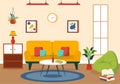Home Decor Vector Illustration with Living Room Interior and Furniture such as Comfortable Sofa, Window, Chair, House Plants Royalty Free Stock Photo