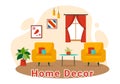 Home Decor Vector Illustration with Living Room Interior and Furniture such as Comfortable Sofa, Window, Chair, House Plants Royalty Free Stock Photo