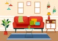 Home Decor Vector Illustration with Living Room Interior and Furniture such as Comfortable Sofa, Window, Chair, House Plants Royalty Free Stock Photo