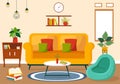 Home Decor Vector Illustration with Living Room Interior and Furniture such as Comfortable Sofa, Window, Chair, House Plants Royalty Free Stock Photo