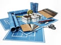 Home decorating tools standing on house bluprints. 3D illustration