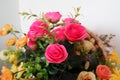 Bouquet of red roses fake flowers composition macro, flowers decoration ornamental background, made from fabric and plastic Royalty Free Stock Photo