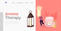 Home Decoration, Spa or Holiday Decorative Elements Landing Page Template. Tiny Female Character Carry Huge Burn Candle