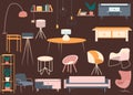 Home decorations flora decor. Flat design style vector illustration. Couch, sofa, chair, table, desk lamp, mirror, recorder, many Royalty Free Stock Photo