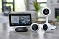 Home defense alarms are networked through camera systems, coordinating security concepts with smart safety hubs for private detect